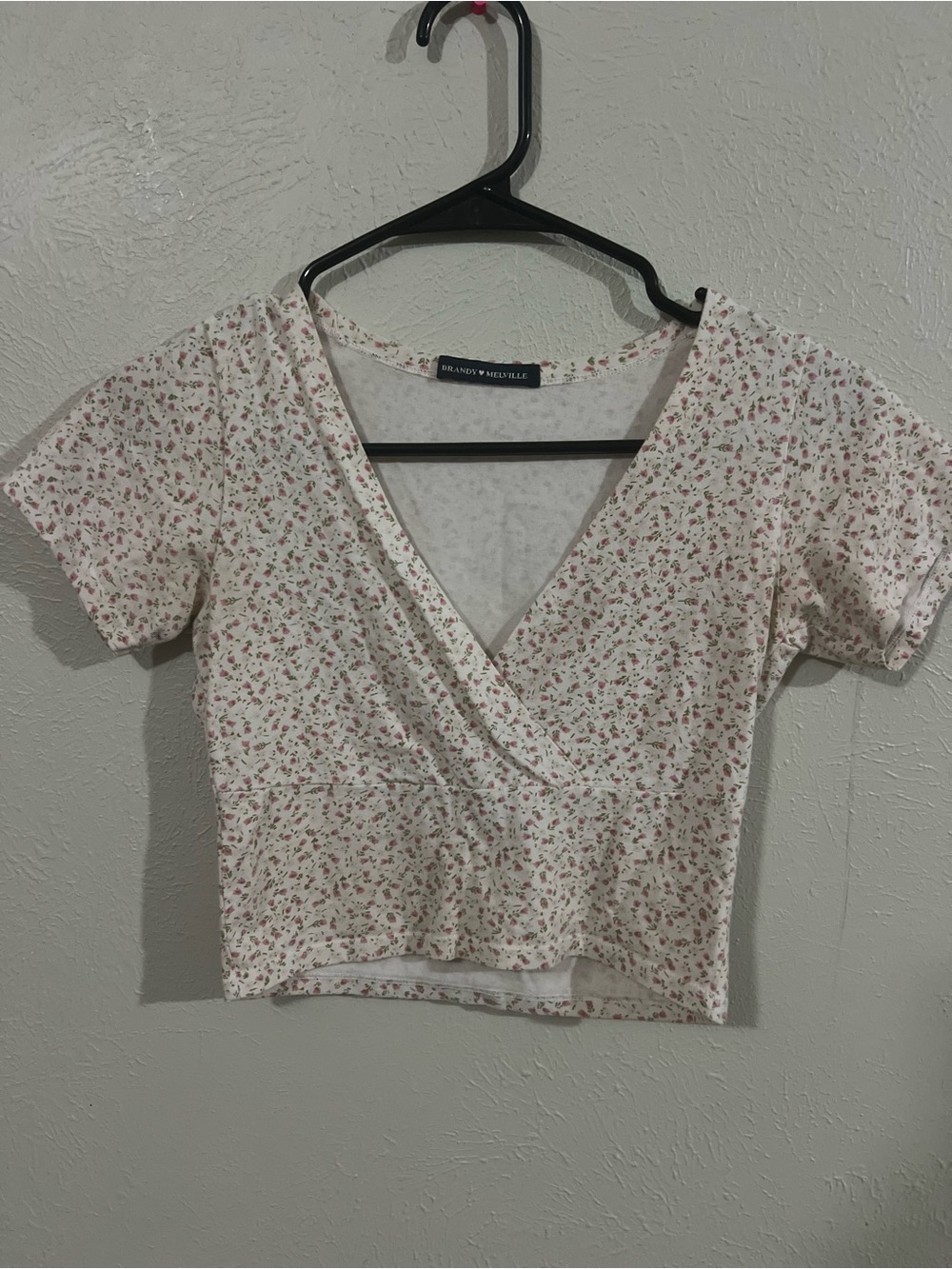 Brandy Melville Cream-Pink Floral Crop Top Baby Tee